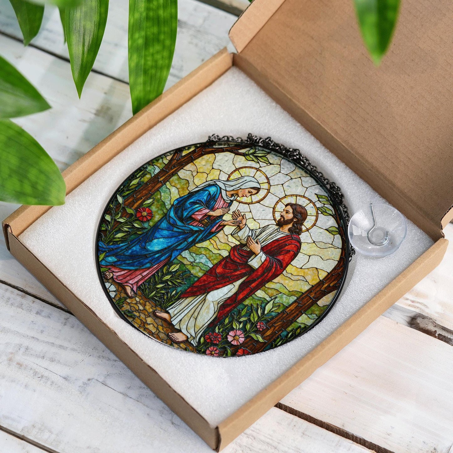 Jesus and Mary stained glass suncatcher religious window decor Easter Christian gift