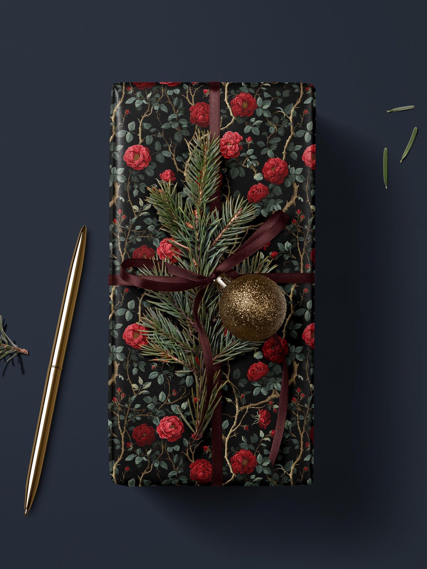 Dark Floral Wrapping Paper Rose Gift Wrap Botanical Flower Print Wedding Gift Wrapping Paper Roll Moody Flower Art Romantic Gift for Her