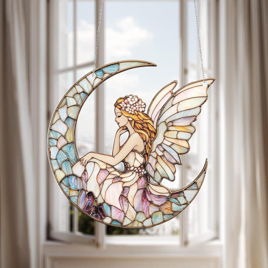 Fairy on Crescent Moon Window Hanging Decoration, Enchanted Home Décor Accent with Colorful Wings for Magical and Whimsical Room Style