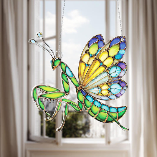 Colorful Mantis Window Hanging Decoration with Vibrant Wings in Green, Yellow and Blue, Unique Insect Inspired Accent for Nature Home Décor
