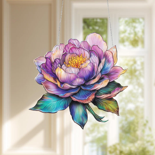 Peony Flower Window Hanging Decoration, Elegant Multicolor Floral Accent with Detailed Petals and Leaves for Botanical Home and Garden Style