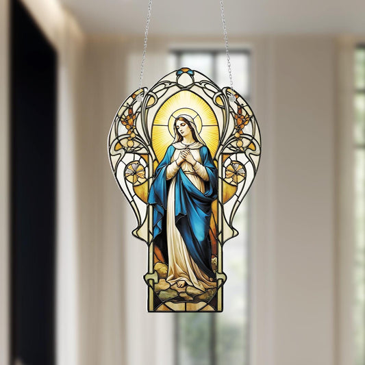 Virgin Mary Window Hanging Decoration, Sacred Religious Art Piece with Radiant Halo and Blue Robe for Spiritual Home, Christian Faith Décor