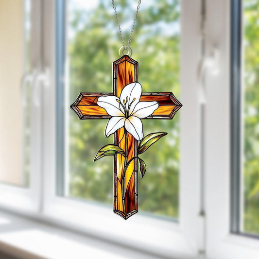 Cross Window Hanging with White Lily Flower – Christian Window Decor, Religious Cross Ornament, Easter Decoration, Faith Gift for Home