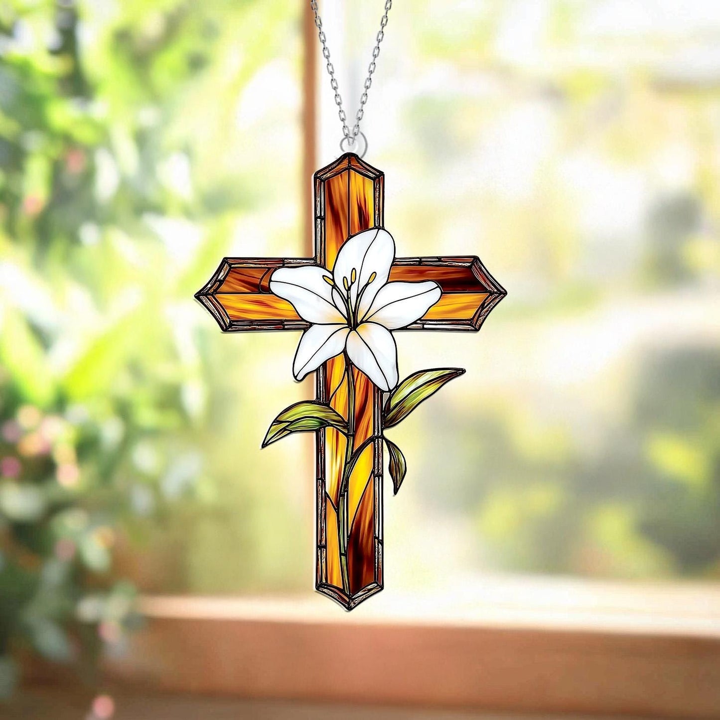 Cross Window Hanging with White Lily Flower – Christian Window Decor, Religious Cross Ornament, Easter Decoration, Faith Gift for Home