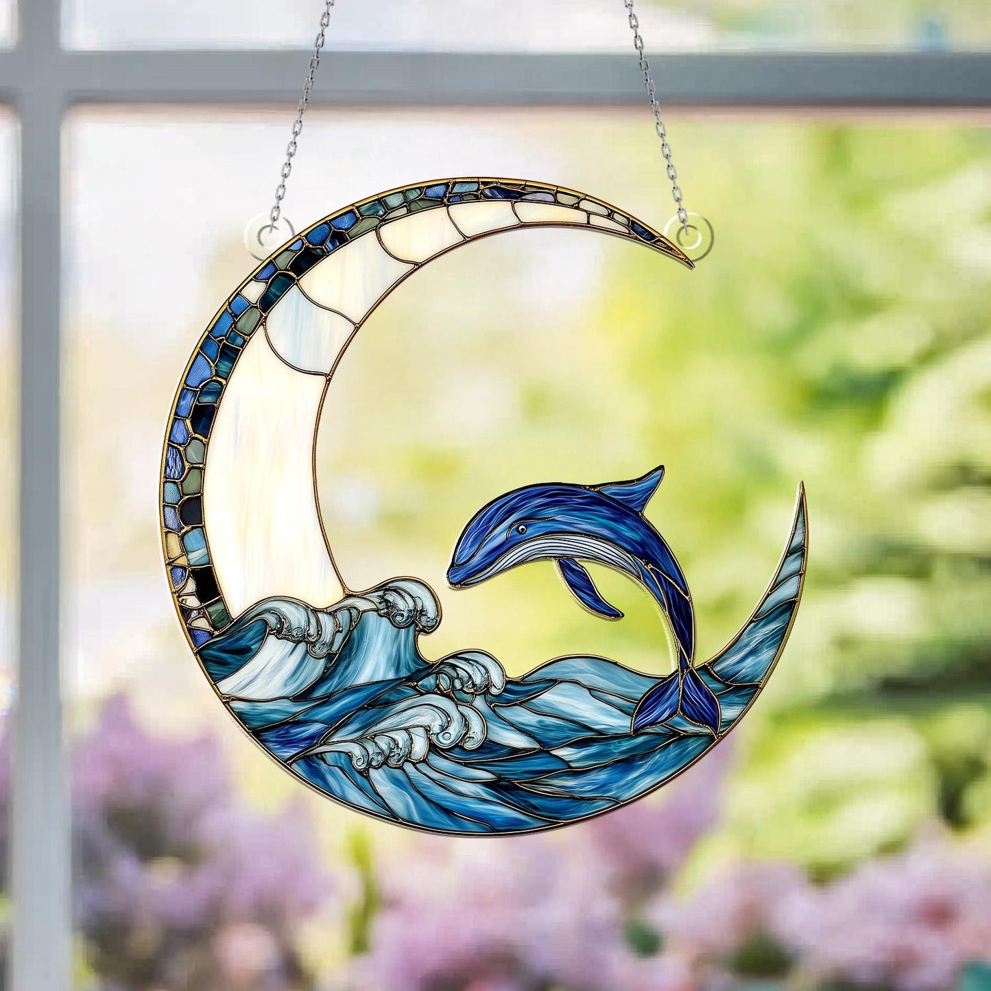 Dolphin and Crescent Moon Window Hanging – Ocean Wave Decorative Window Ornament, Nautical Sea Life Decor and Unique Gift for Home