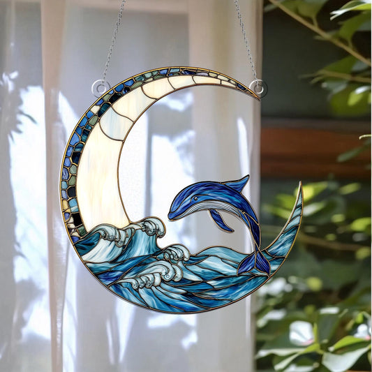 Dolphin and Crescent Moon Window Hanging – Ocean Wave Decorative Window Ornament, Nautical Sea Life Decor and Unique Gift for Home