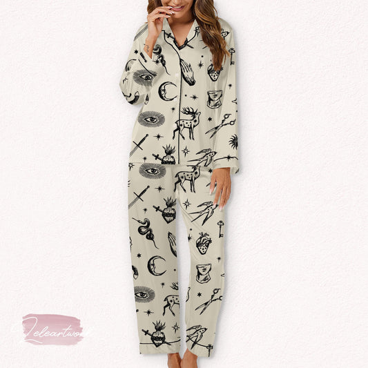 Dark Academia Set – Gothic Satin Pajamas with Symbolic Illustrations | Occult Loungewear for Aesthetic Sleepwear & Cozy Academia Nights
