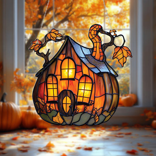 Pumpkin House Window Hanging Fall Decor – Autumn Cottage Ornament, Halloween Porch Accent, Cozy Home Decoration for Seasonal Charm