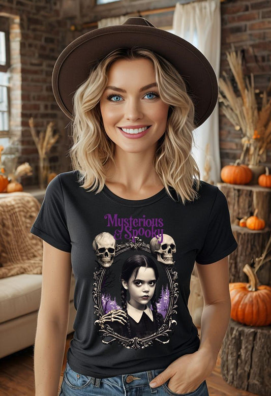 Spooky Wednesday Addams inspired Mysterious & Spooky T-Shirt, Halloween Apparel, Gothic Style Shirt, Witchy Graphic Tee