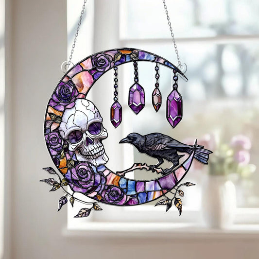 Skull & Raven Gothic Moon Window Hanging – Witchy Crystal Sun Catcher, Halloween Wall Decor, Boho Witch Home Decor, Spiritual Gothic Gift