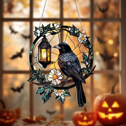 Bird Window Hanging with Lantern and Flowers – Nature Inspired Home Decor, Cottagecore Wall Art, Rustic Boho Window Decoration Gift