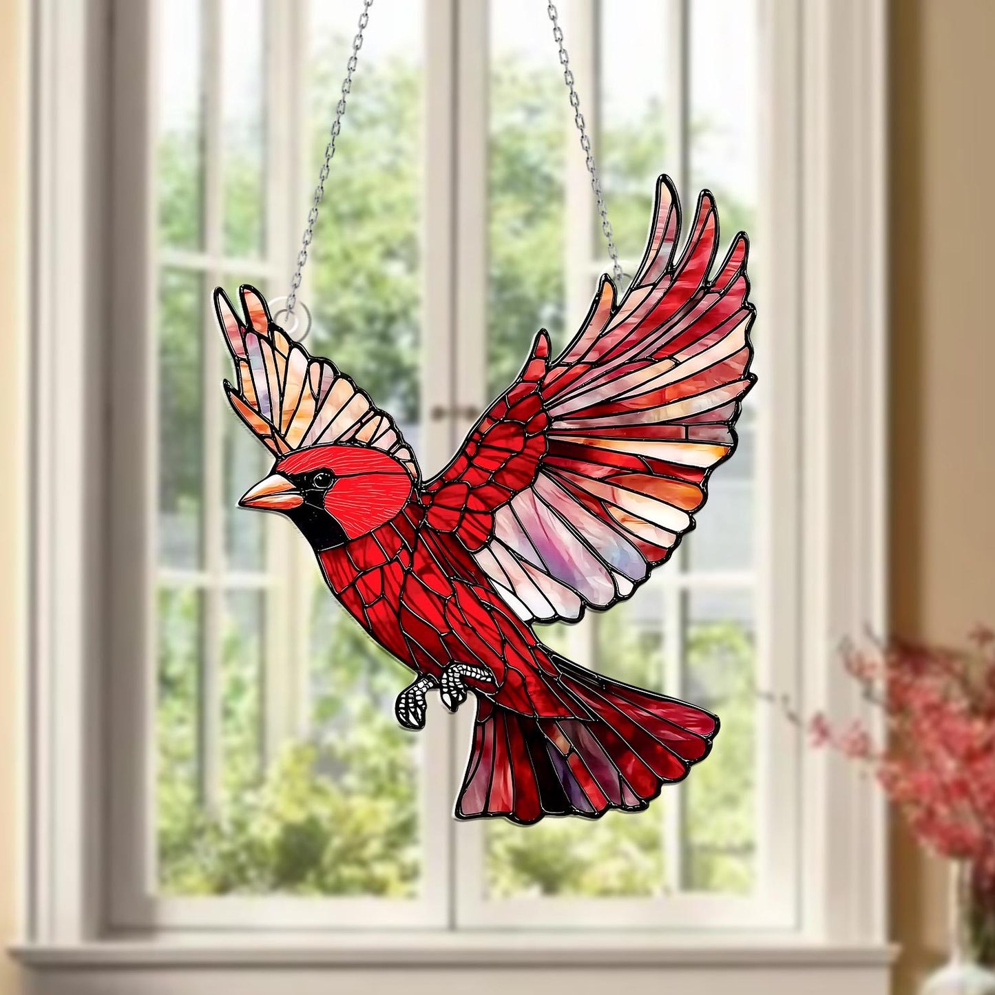 Cardinal Window Hanging Sun Catcher – Red Bird Acrylic Window Art Decoration for Home, Living Room, Kitchen or Garden Gift Idea