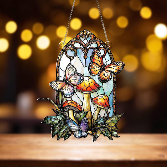 Butterfly and Mushroom Window Hanging – Colorful Acrylic Sun Catcher Window Art Decoration for Home, Kitchen, Garden or Gift Idea