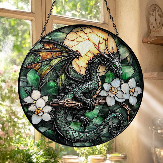 Green Dragon Stained Glass Suncatcher – Fantasy Window Hanging Decoration, Gothic Home Décor, Unique Dragon Lover Gift Ornament