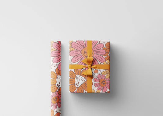 Groovy Halloween Wrapping Paper Roll, Retro 70s Halloween Gift Wrap, Colorful Funky Ghosts and Pumpkins for Spooky Fall Parties