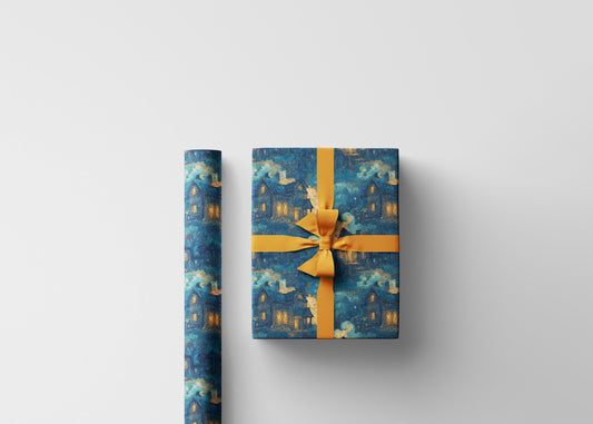 Haunted Mansion Wrapping Paper Roll, Spooky Halloween Gift Wrap with Bats, Ghosts, and Gloomy House Scene