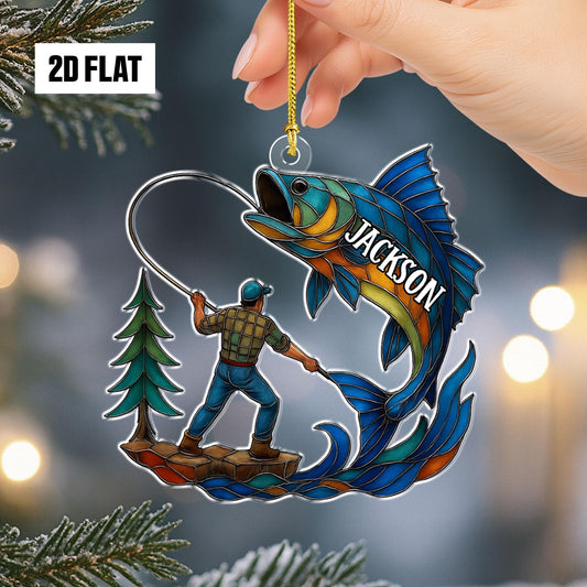 Personalized Fishing 2D Flat Ornament, Custom Name Christmas Ornament, Fisherman Ornament, Bass Fish Dad Ornament, Gifts for Him, Dad