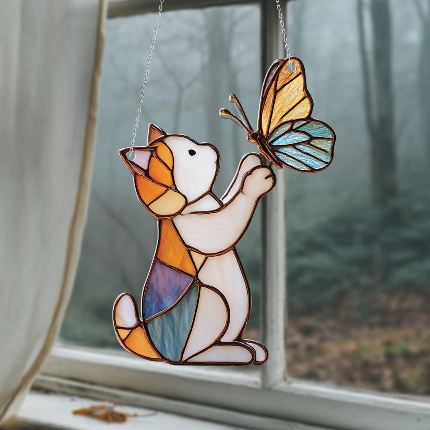 Cat and Butterfly Window Hanging, Cute Animal Window Decor, Whimsical Kitty Window Art, Playful Window Hanging Gift, Unique Home Decoration