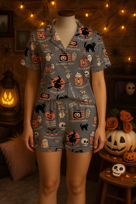 Halloween Tis The Season Satin Pajama Set for Women, Long Sleeve Sleepwear w Cute Pumpkin & Ghost Print, Cozy Fall Loungewear, Spooky Gift Pajamas Set