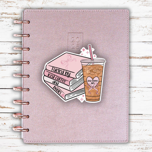 Fueled by Iced Coffee and Books Sticker- Laptop Sticker- Waterbottle sticker- Cute Bookish Sticker- Girly Kindle Sticker- Unique Gift