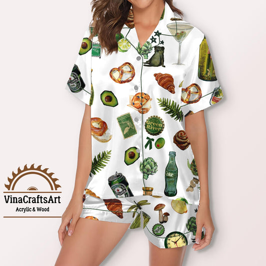 Green Foodie Pajama Set | Women’s Eclectic Breakfast & Brunch PJs | Avocado Pretzel Artichoke Sleepwear | Fun Food Lover Gift