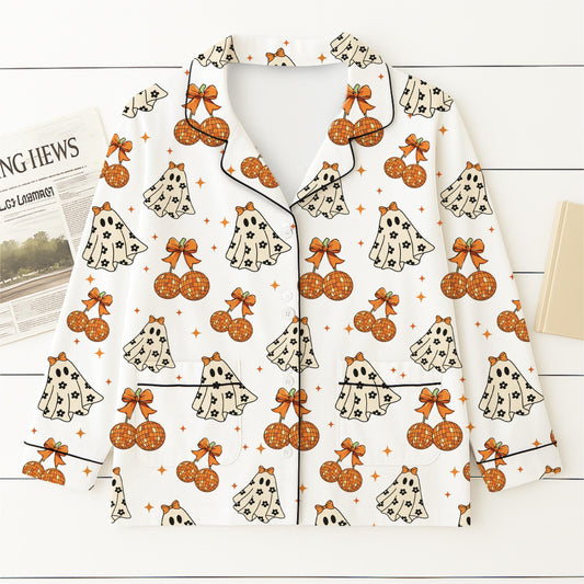 Halloween Ghost And Bow Pajamas Set, Halloween Cute Ghost Sleepwear, Cozy Loungewear, Spooky Season Gift, Fall Season Nightwear