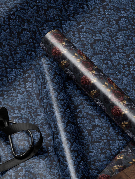 Blue Flower Gift Wrap Dark Blue Floral Damask Design Flower Wrapping Paper Botanical Gift Wrap for Her Wrapping Paper Wedding Gift Idea