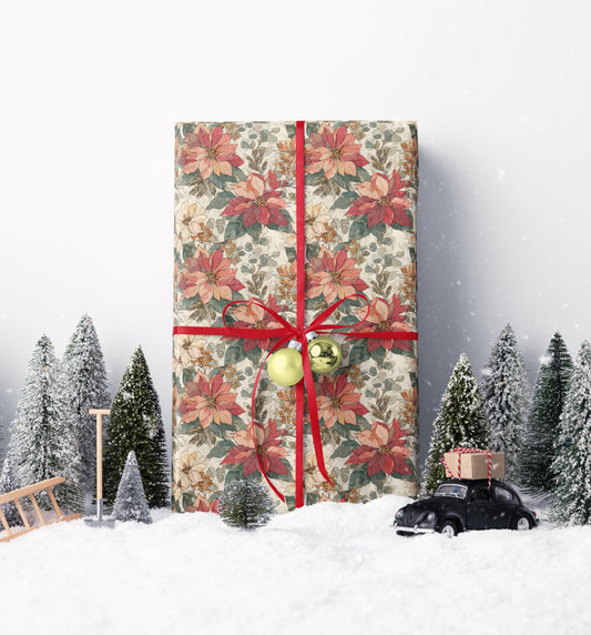 Floral Christmas Wrapping Paper Roll, Watercolor Poinsettia Design for Winter Holiday Gift Wrapping #4