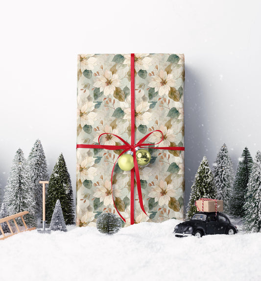 Watercolor Christmas Wrapping Paper Roll with Poinsettia Flowers, Elegant Winter Gift Wrap Idea #18
