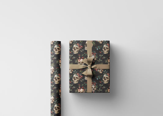 Gothic Christmas Wrapping Paper Roll, Dark Skull Gift Wrap for Spooky Winter Holiday Vibes #24