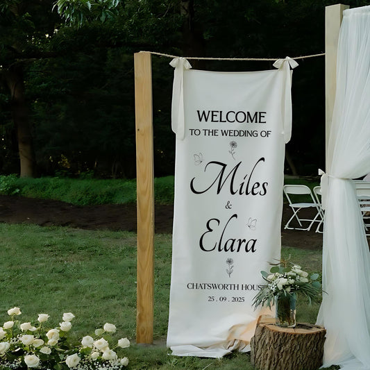 Personalized Wedding Welcome Banner, Fabric Sign for Ceremony or Reception, Minimalist Bride and Groom Decoration, Elegant Wedding Backdrop,