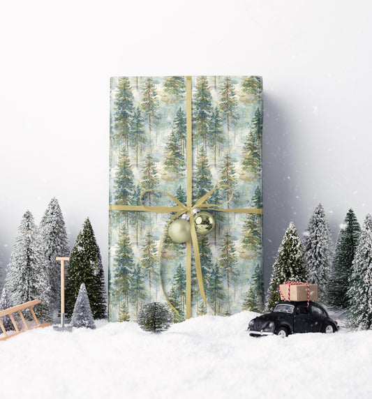Woodland Christmas Wrapping Paper Roll, Pine Tree and Pinecone Gift Wrap for Winter Holidays #28