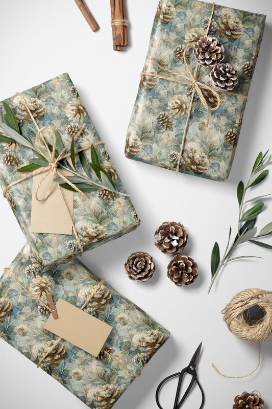 Woodland Pinecone Wrapping Paper Roll, Winter Christmas Gift Wrap with Evergreen Tree Illustrations #11