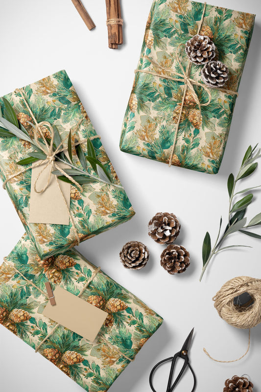 Pinecone and Evergreen Wrapping Paper Roll, Forest Christmas Gift Wrap for Rustic Winter Packaging #12