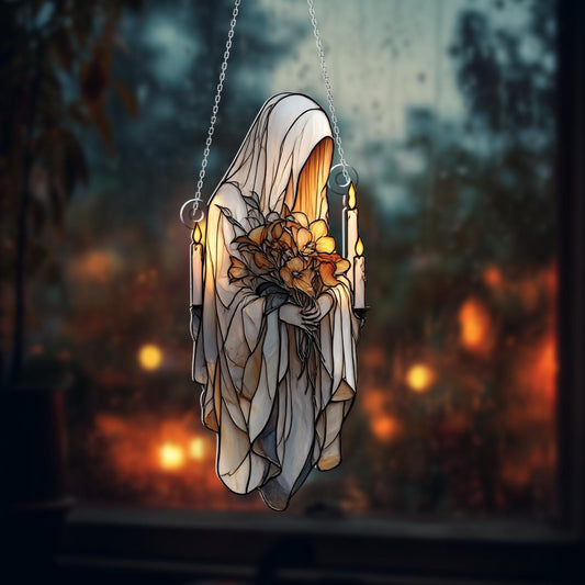 Gothic Ghost Window Hanging with Flowers and Candles, Spooky Halloween Decor with Vintage Aesthetic for Witchy, Dark Cottagecore Vibes