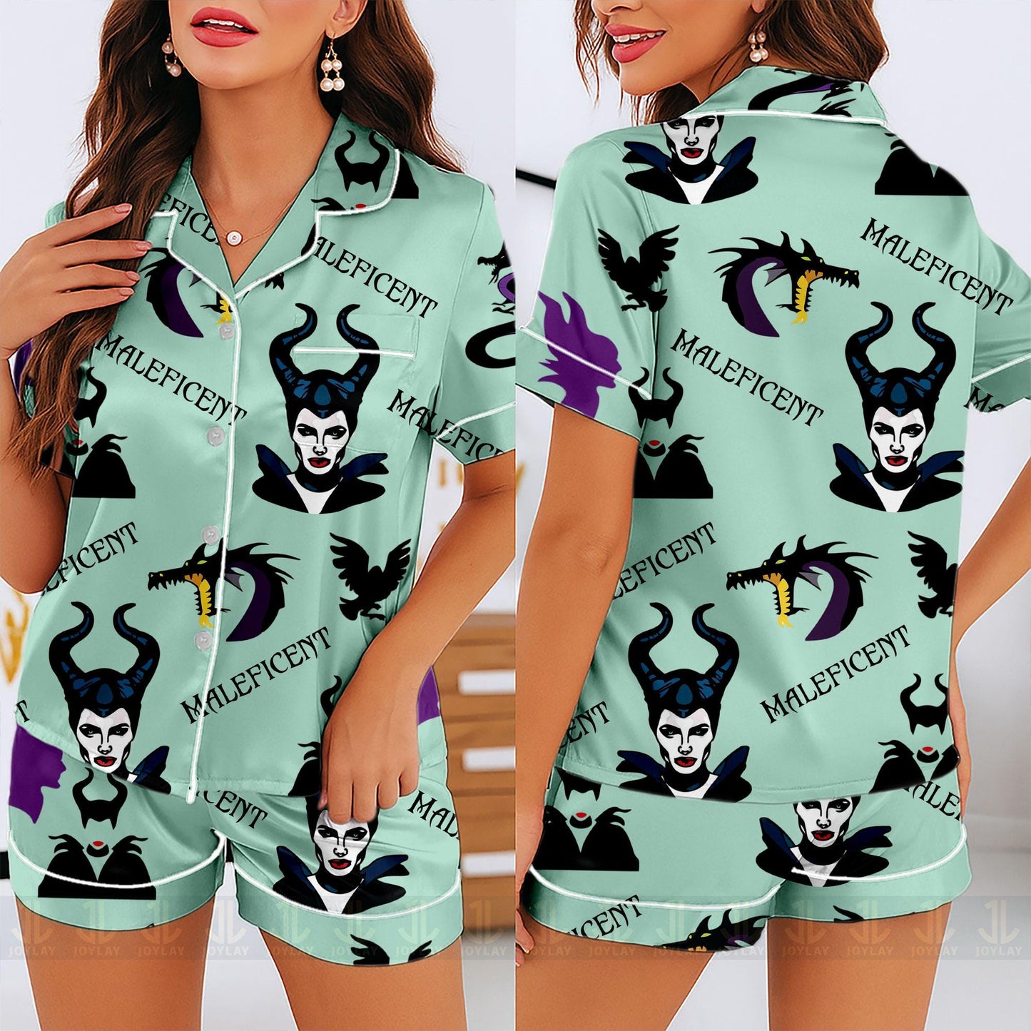 Maleficent Dragon Villain Unisex Satin Pajamas Set, Spooky Season Pajamas , Long Sleeve And Short Styles