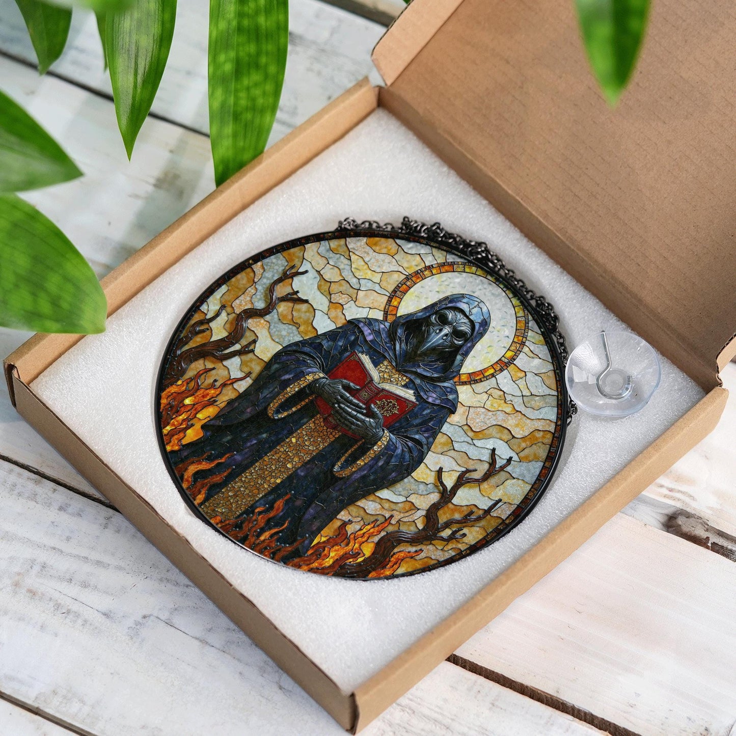 suncatcher stained glass style grim reaper figure with flames and halo Halloween gift gothic decor