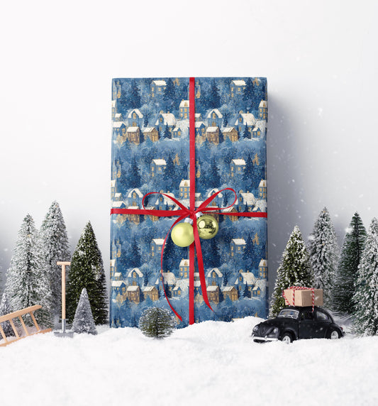 Christmas Village Scene Wrapping Paper Roll, Winter Holiday Gift Wrap with Snowy Buildings #9
