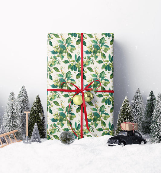 Classic Christmas Wrapping Paper Roll with Mistletoe, Vintage Watercolor Holiday Design #12