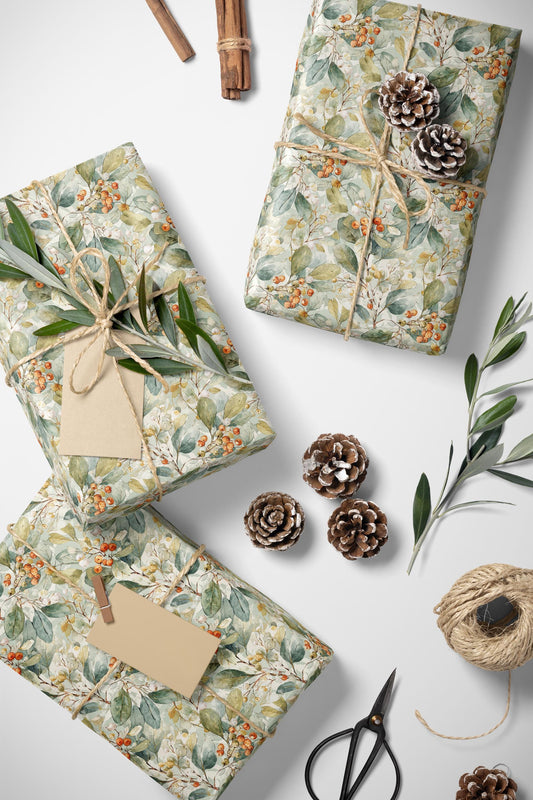 Vintage Christmas Wrapping Paper Roll, Mistletoe Watercolor Gift Wrap for Holiday Season #4
