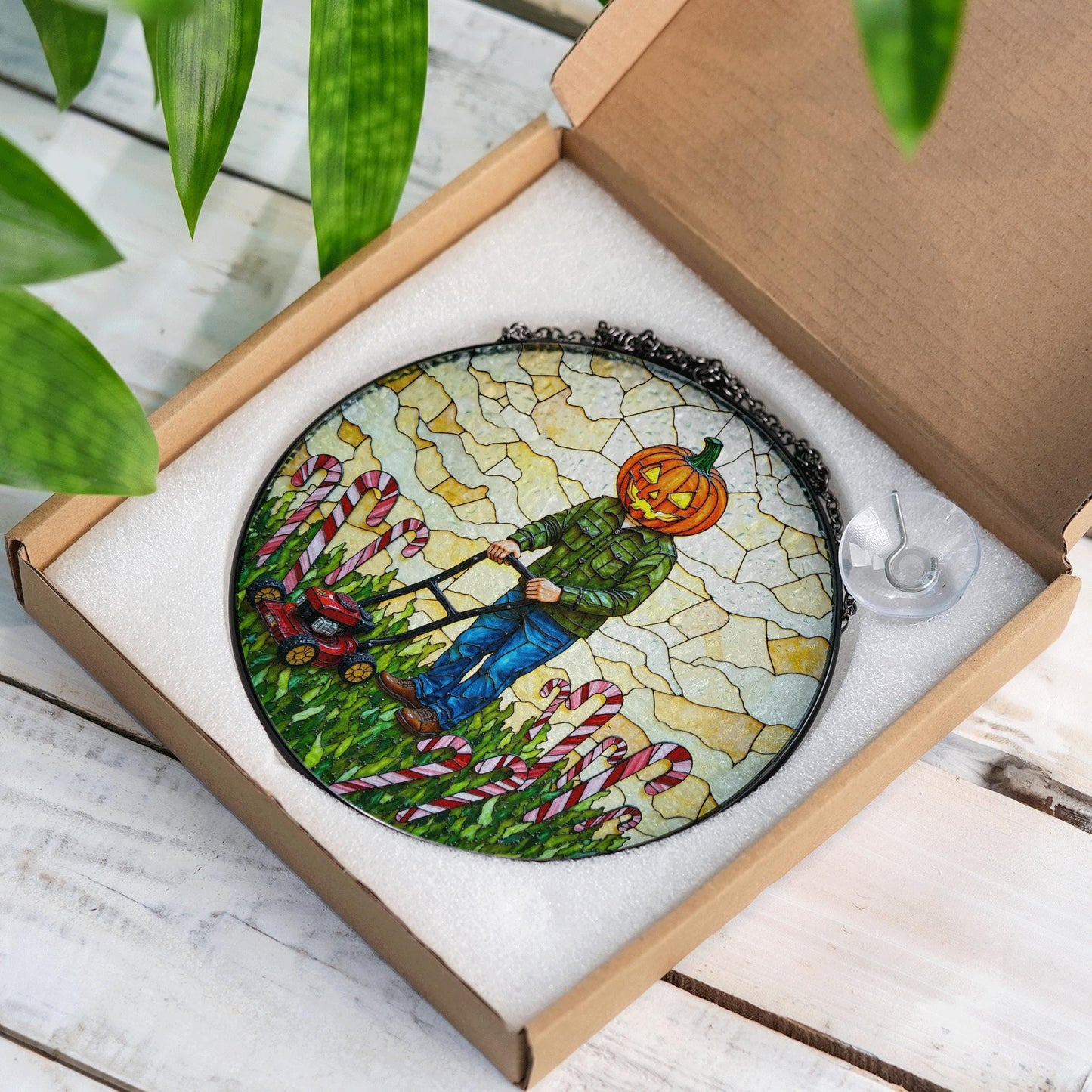 suncatcher stained glass pumpkin head man mowing candy cane field Halloween gift Christmas gift