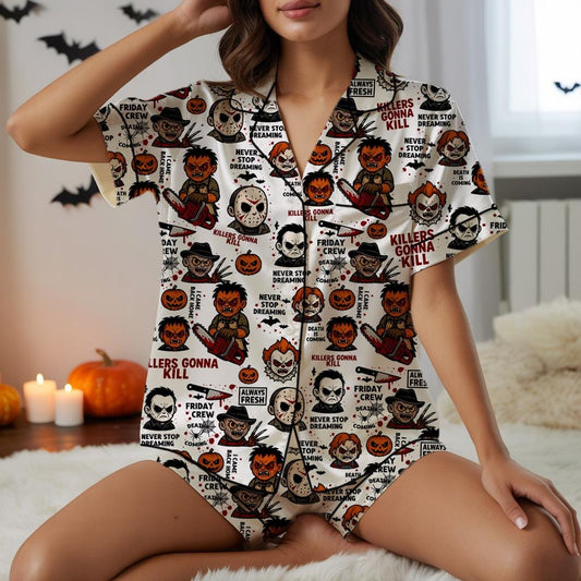 Horror Halloween Character Pajama Set, Halloween Pajama Satin Set, Chibi Horror Pjs, Spooky Season,Scary Movie Sleepwear, Gift For Halloween Pajamas Set