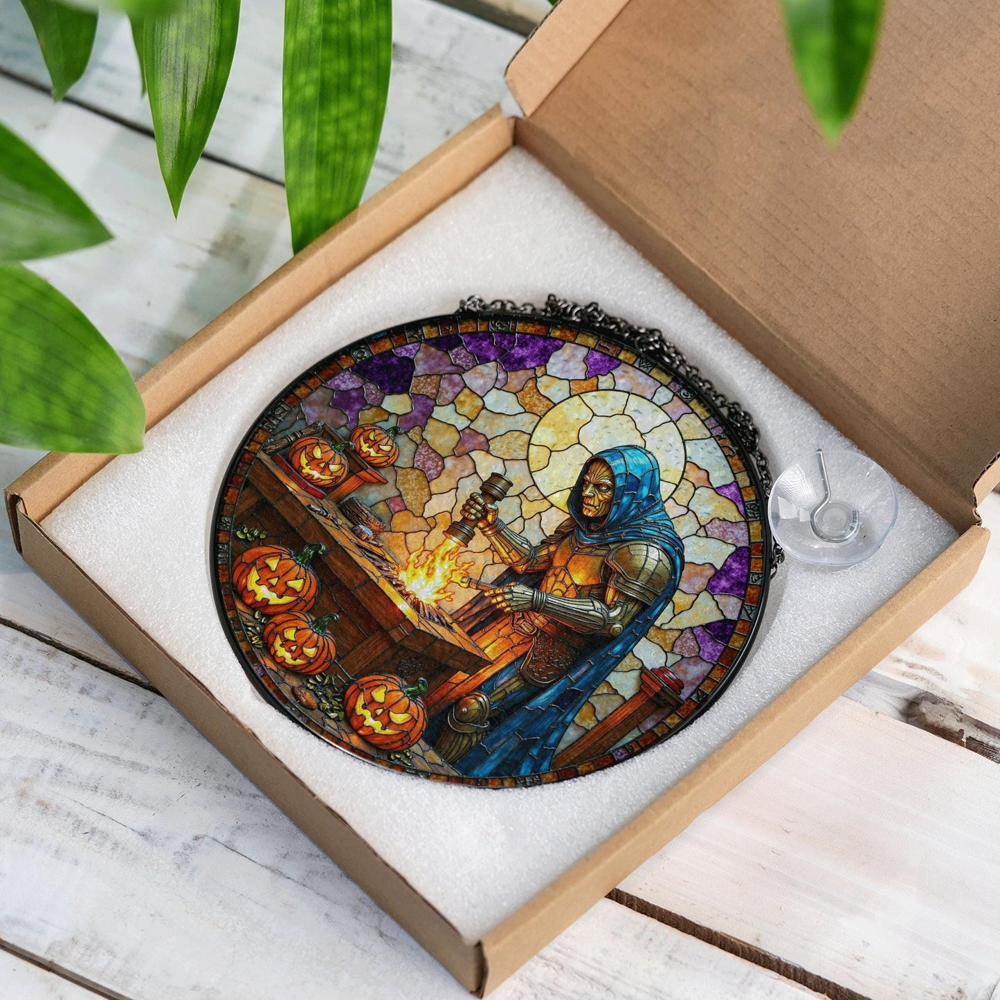 suncatcher stained glass knight forging sword with pumpkins halloween gift