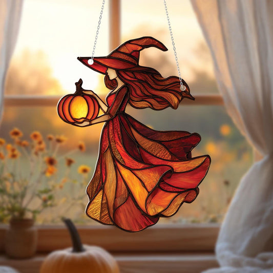 Autumn Witch Window Hanging with Pumpkin Lantern – Enchanting Fall Halloween Decor for Cozy Seasonal Home Accent