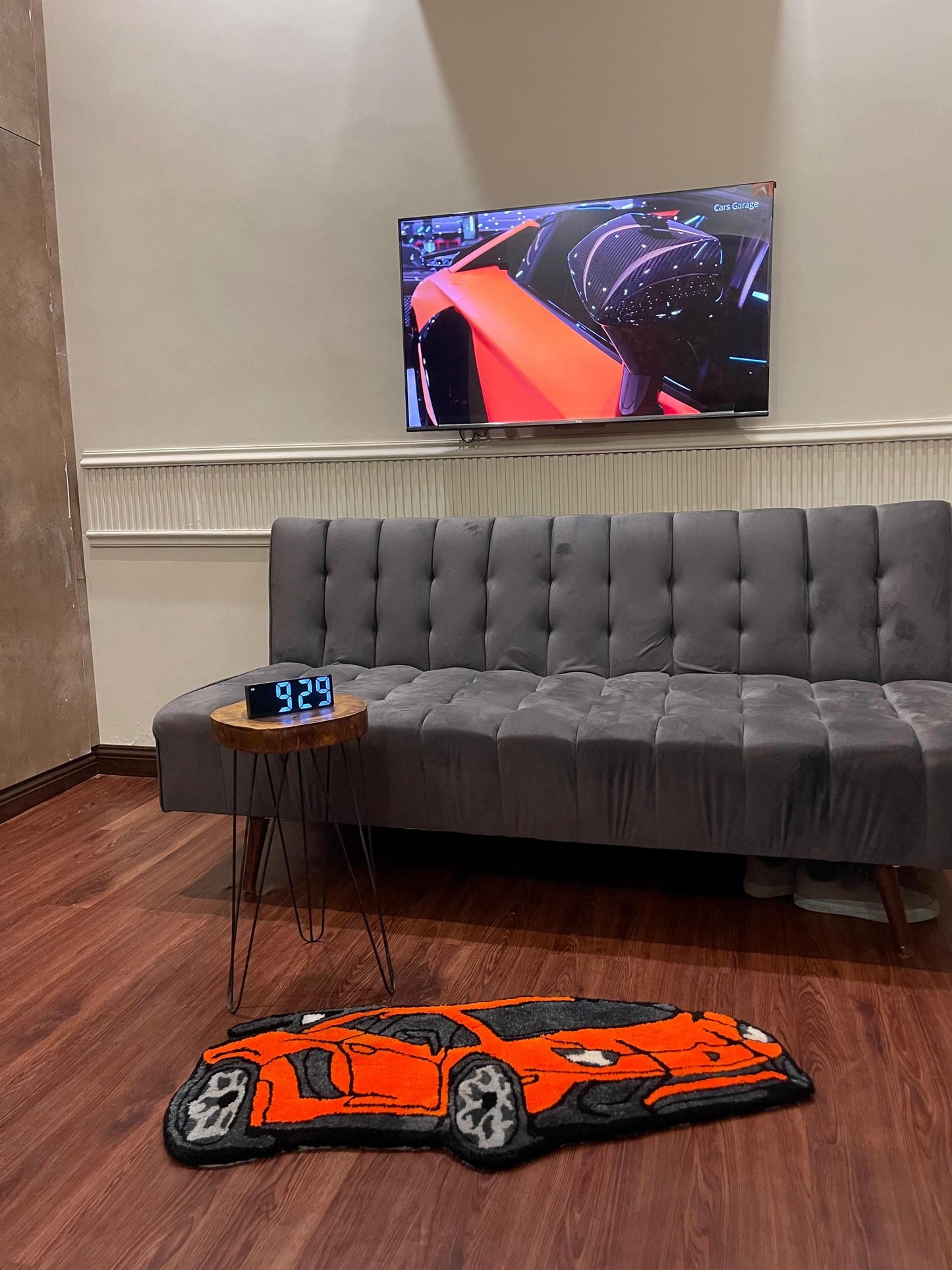 Custom Tufted Car Rug – Handmade Sports Car Rug – Orange Lambo Rug – Cool Room Decor – Boys Room Rug – Racing car rug.