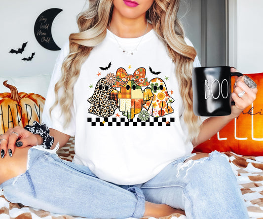 Patchwork Ghost Floral Shirt, Halloween Floral Ghost Sweatshirt, Checkered Halloween Shirt, Boho Fall Floral Tee, Spooky Season Hoodie