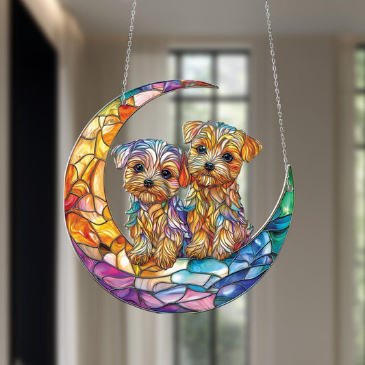 Window Hanging Crescent Moon With Cute Puppy Duo In Vibrant Colors, Adding Warmth And Charm To Your Home Décor