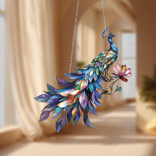 Window Hanging Colorful Peacock With Lotus Flower, Bringing Grace, Beauty, And Artistic Elegance To Your Home Décor