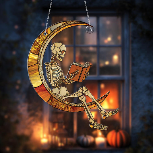 Skeleton Reading On Crescent Moon Window Hanging, Unique Gothic And Whimsical Décor For Halloween, Book Lovers, And Artistic Spaces