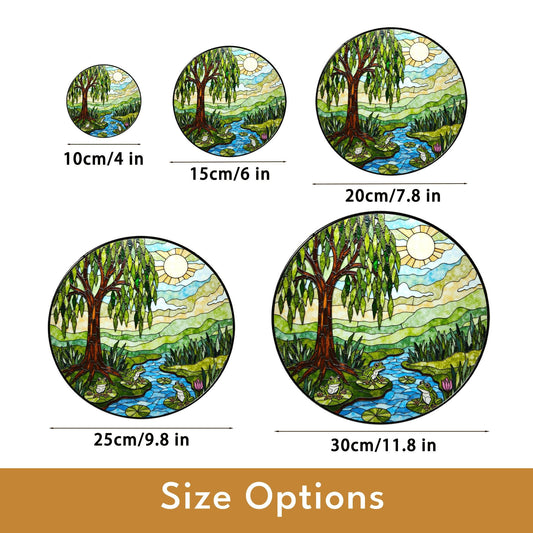 Suncatcher stained glass willow tree pond frogs nature scene gift for mom Mothers Day gift